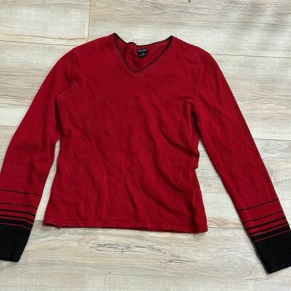 Guess Tops - Guess‎ Red and Black V-Neck Sweater